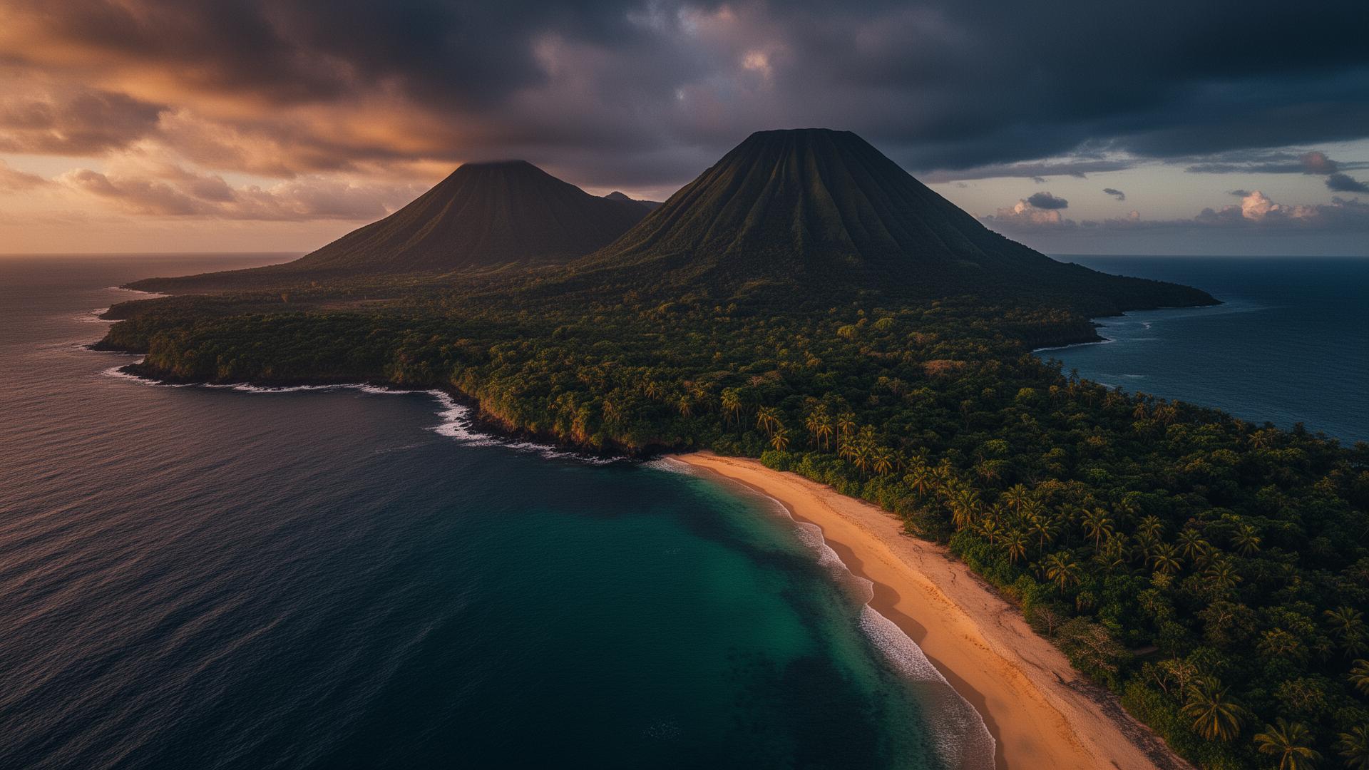 São Tomé and Príncipe volcanic coastline at golden hour